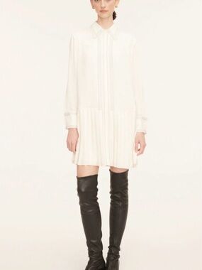 Rebecca Taylor Cream Pleated Long-Sleeve Mini Dress